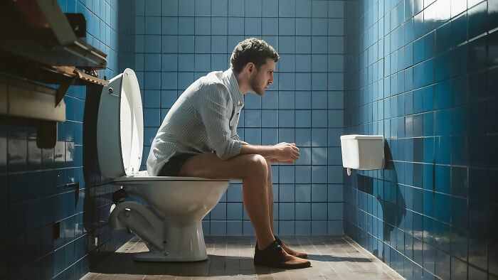 Man sitting on a toilet in a tiled restroom, deep in thought, illustrating employees sharing insider tricks to ease jobs.