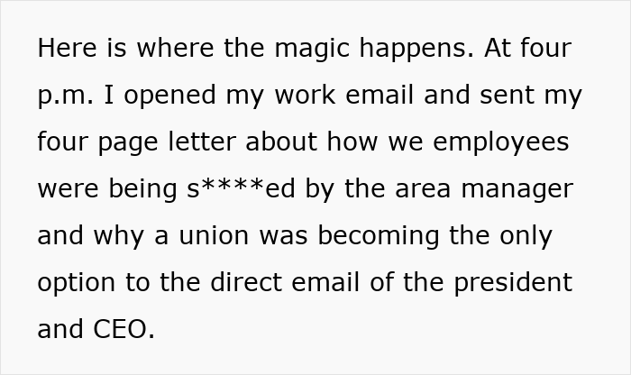 Text excerpt showing an employee expressing frustration about promised raises and unionizing against a manager.