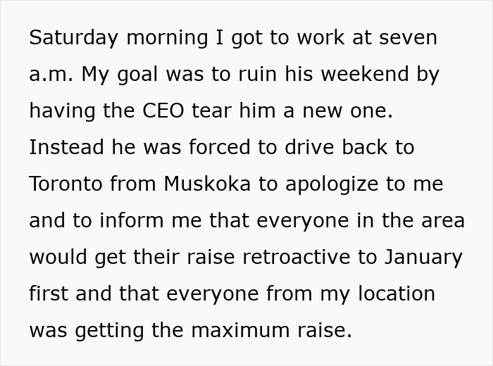 Text post showing employee reaction after promised raises never rolled out, highlighting conflict with manager and raise resolution update.