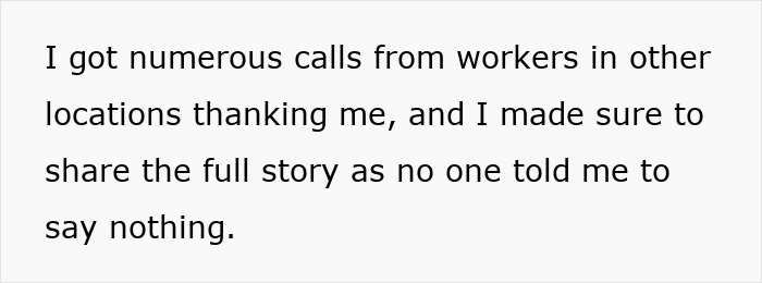 Text on a white background stating an employee received calls thanking them and shared the full story despite being told to stay silent.