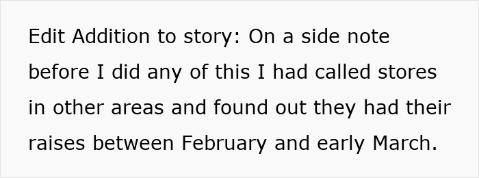 Text excerpt discussing an employee's experience with promised raises not being rolled out on time by their manager.