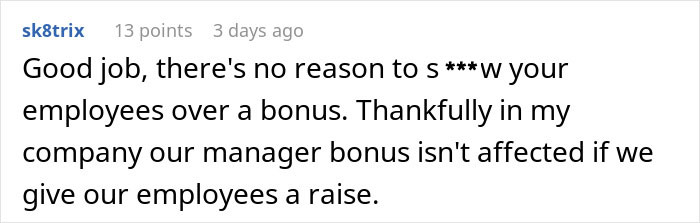Screenshot of an online comment discussing issues between employee and manager over promised raises and bonuses.
