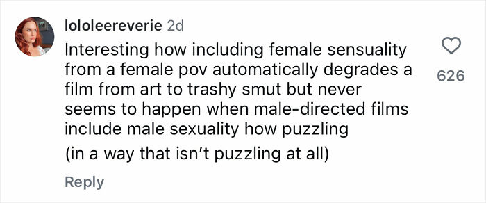 User comment discussing female sexuality portrayal and contrasting it with male-directed films, related to Wuthering Heights teaser.