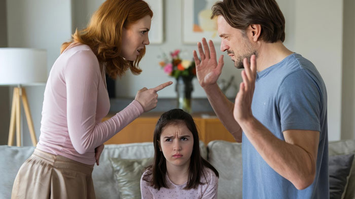A woman and man arguing intensely while a young girl looks upset, illustrating marriage kids and stepkids relationship tension.