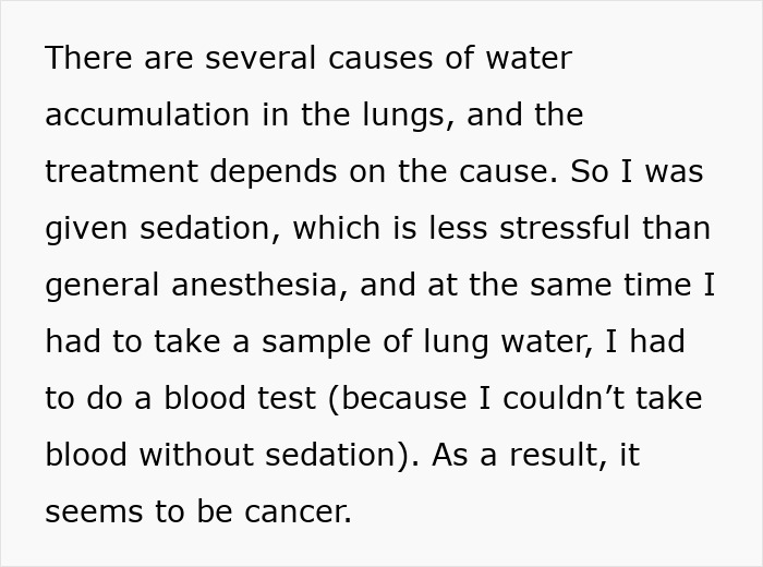 Text excerpt discussing causes of lung water accumulation, sedation use, and potential cancer diagnosis in a medical context.