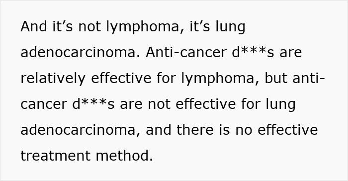 Text discussing lung adenocarcinoma diagnosis and the ineffectiveness of anti-cancer d***s for this condition.