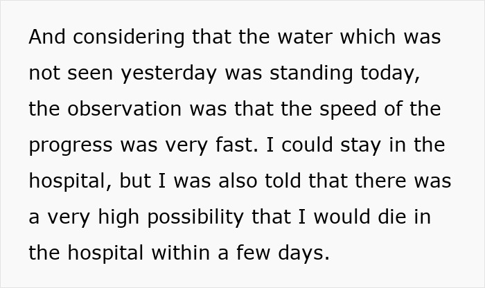 Text describing a serious medical update about fast progress and high risk of death in hospital within days.