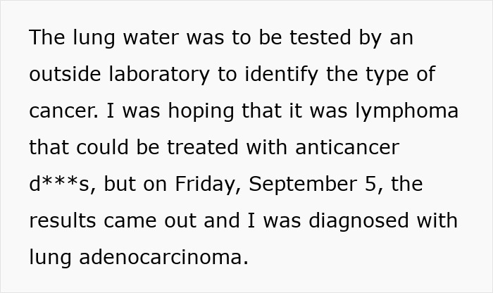 Text showing lung water tested by lab to identify cancer type; diagnosis of lung adenocarcinoma revealed September 5.