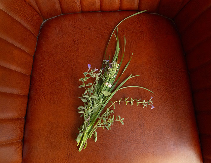 Small bouquet of delicate wildflowers resting on a worn brown leather chair, symbolizing Maru famous cat passed away.