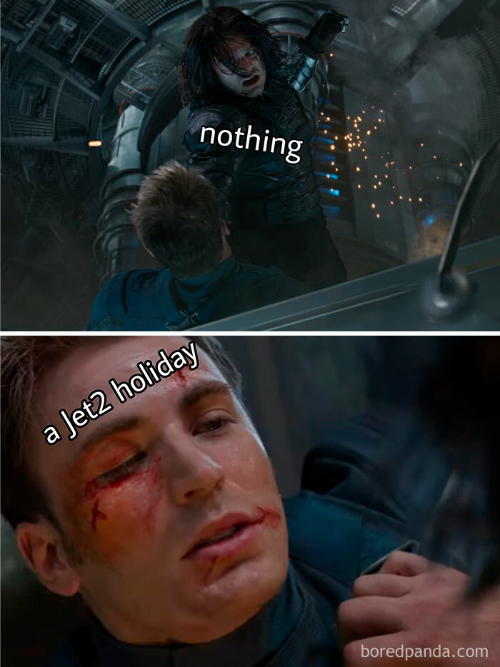 Marvel memes showing a funny scene with characters labeled nothing and a Jet2 holiday in a dramatic moment.