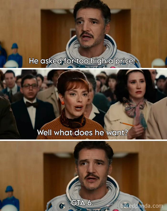 Actor in space suit delivering a Marvel meme about GTA 6 pricing humor with a crowd reacting in a vintage setting.