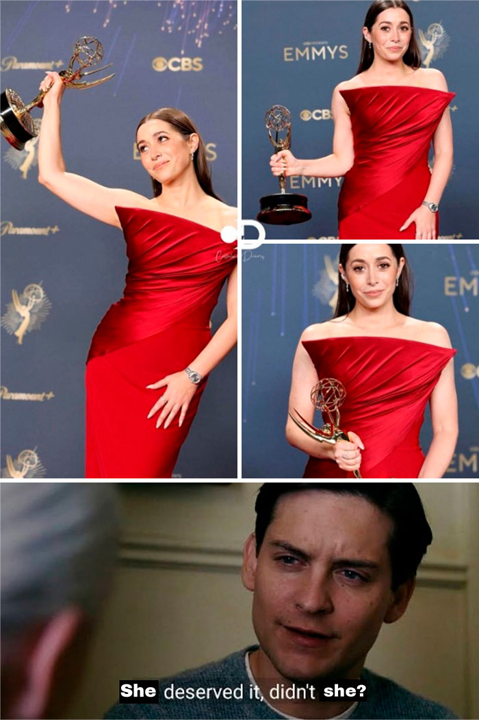 Actress holding Emmy award in red dress and Marvel meme with Spider-Man saying she deserved it in a scene.
