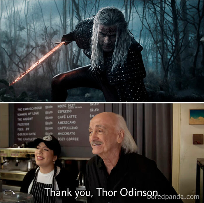 Scene from a dark fantasy series paired with a Marvel meme thanking Thor Odinson, highlighting hilarious Marvel memes.