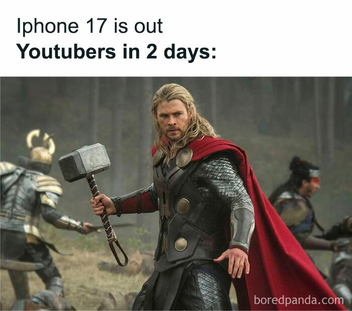 Thor from Marvel holding his hammer with text about iPhone 17 and YouTubers, featured in Marvel memes.