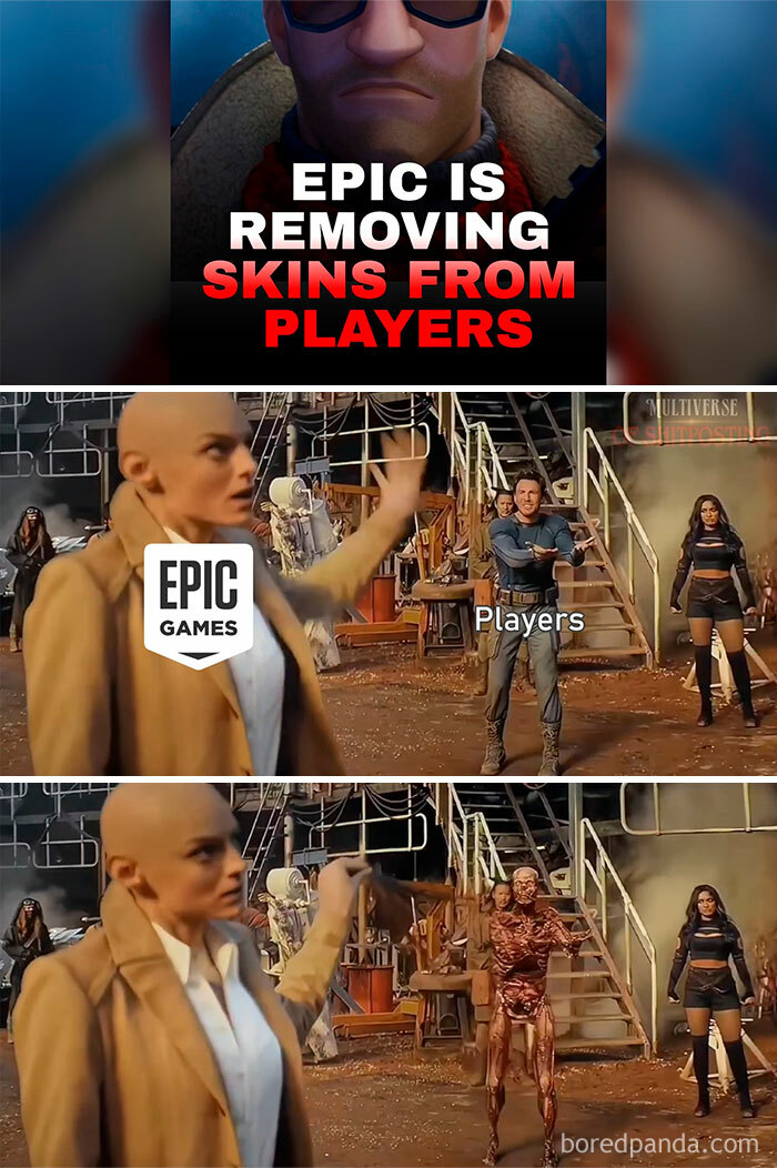 Epic Games meme showing players losing skins, referencing popular Marvel characters in a humorous gaming context.