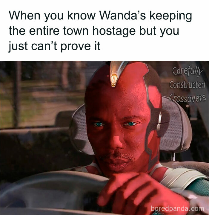 Marvel memes featuring Vision driving a car with a caption about Wanda keeping a town hostage but lacking proof.