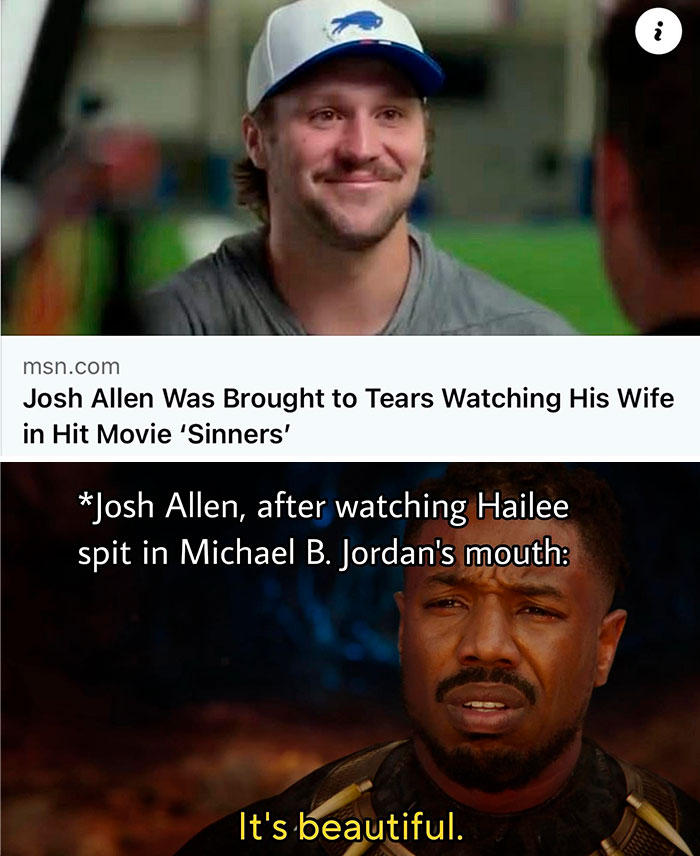 Image shows a meme combining a headline about Josh Allen with a Marvel character caption, featuring hilarious Marvel memes.
