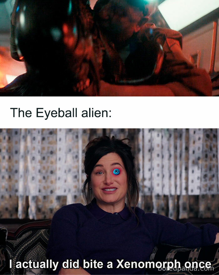 Scene from Marvel showing a woman with an eyeball eye and caption about the Eyeball alien in Marvel memes.