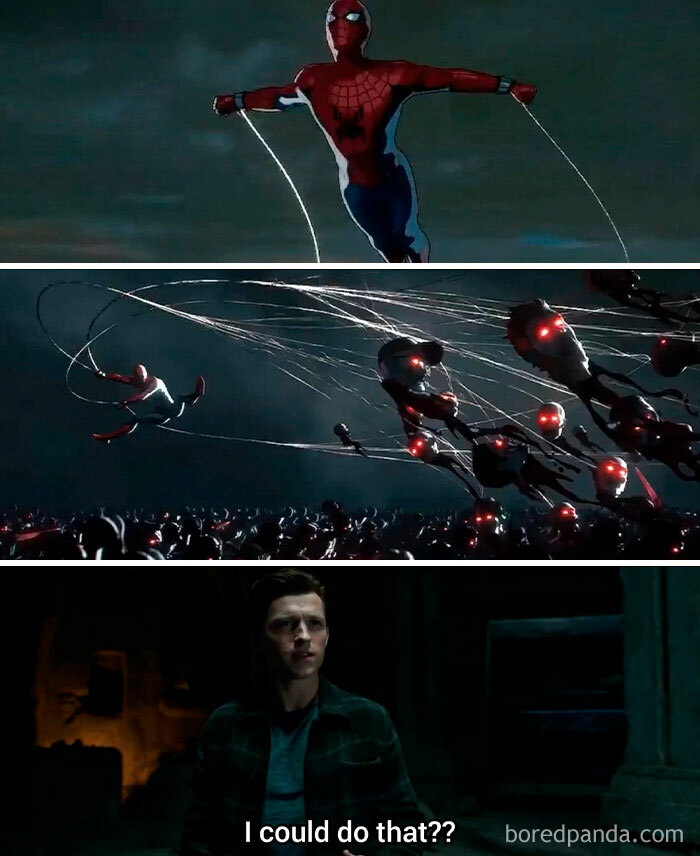 Spider-Man swinging through dark scenes with robotic enemies and a surprised man, featured in Marvel memes.