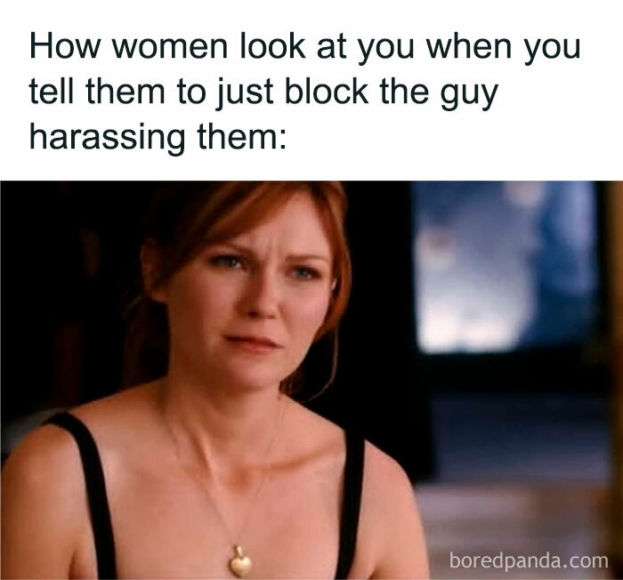 Woman with a confused expression illustrating a hilarious Marvel meme about blocking harassing guys, part of best Marvel memes.