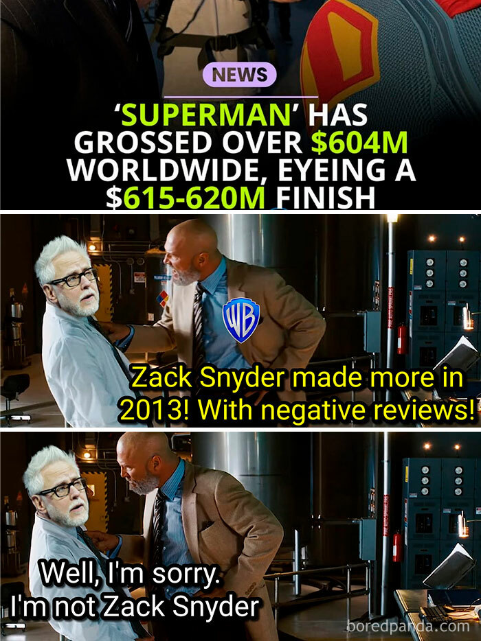 Captioned scene with two men debating box office earnings and reviews, featured in hilarious Marvel memes collection.