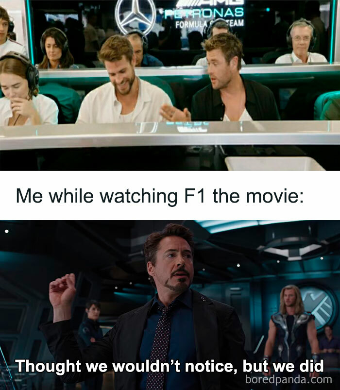Marvel memes featuring characters reacting humorously to watching the F1 movie with witty and relatable captions.