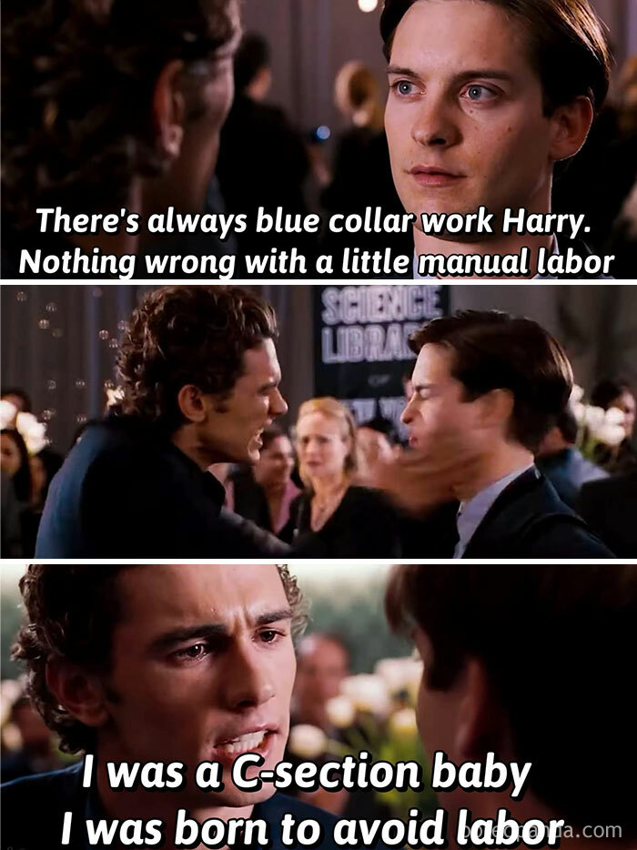 Marvel meme featuring Spider-Man characters with humorous dialogue about blue collar work and C-section babies.