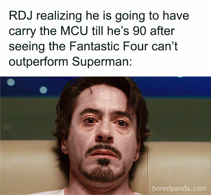 Actor Robert Downey Jr. looking tired and serious in a meme about carrying the MCU, featured in Marvel memes.