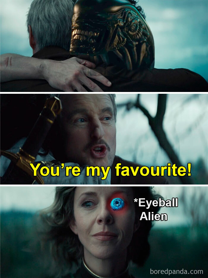 Marvel memes with characters embracing, a funny caption saying You’re my favourite, and an eyeball alien joke.