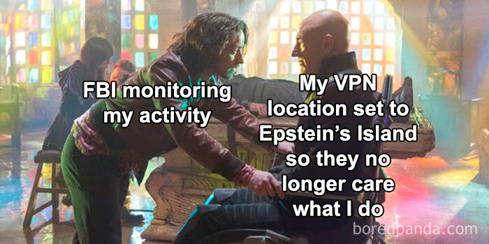 Marvel meme showing characters in dramatic lighting with text about VPN and FBI monitoring activity.
