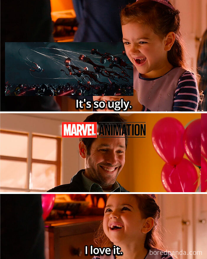 Young girl laughing with Marvel Animation logo and Spider-Man drones, illustrating humorous Marvel memes and animation moments.