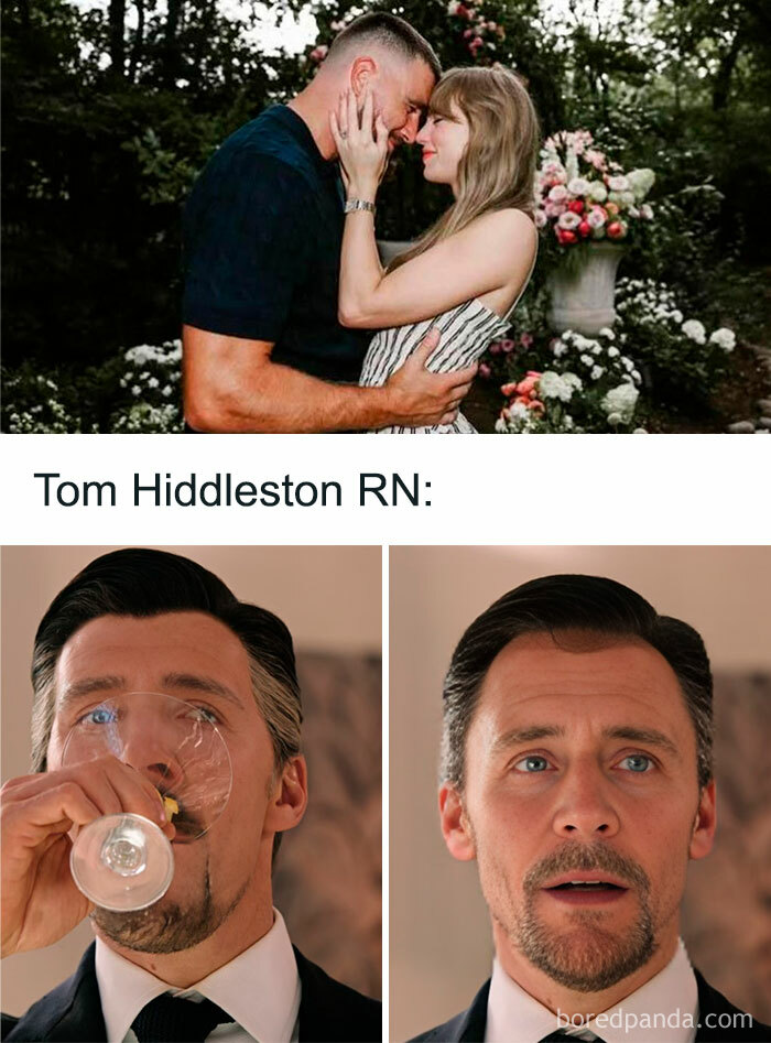 Couple embracing outdoors above Marvel meme featuring Tom Hiddleston with shocked expressions, showcasing hilarious Marvel memes.