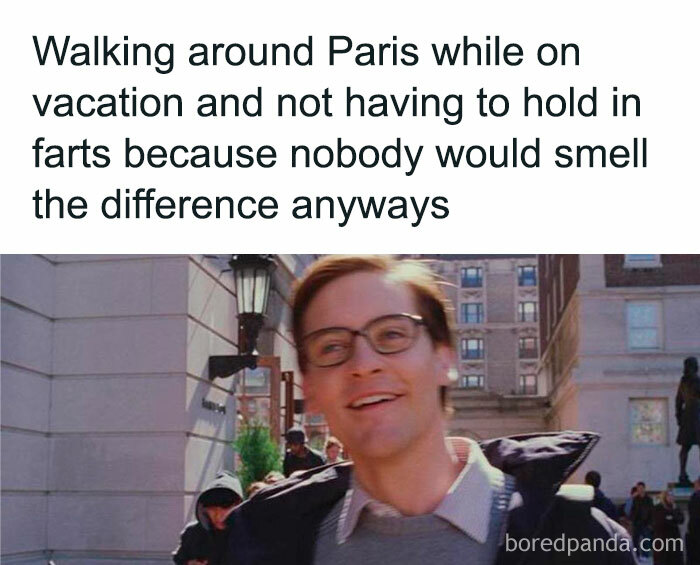 Scene from Spider-Man with text about walking in Paris on vacation, part of hilarious Marvel memes collection.