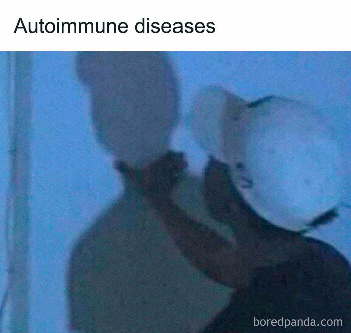 Person wearing a white cap appears to choke a shadow silhouette, illustrating autoimmune diseases in medical work memes.