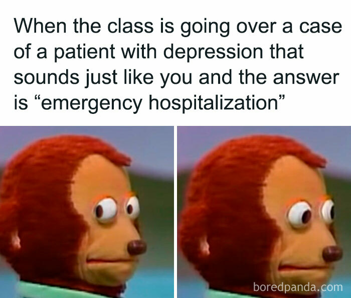 Monkey puppet looking uneasy during a medical class, capturing the struggle and humor of working in medicine memes.