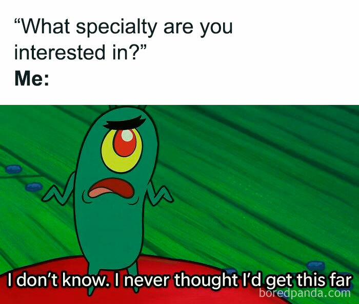 Cartoon character looking confused with caption about not knowing medical specialty, capturing humor of working in medicine.