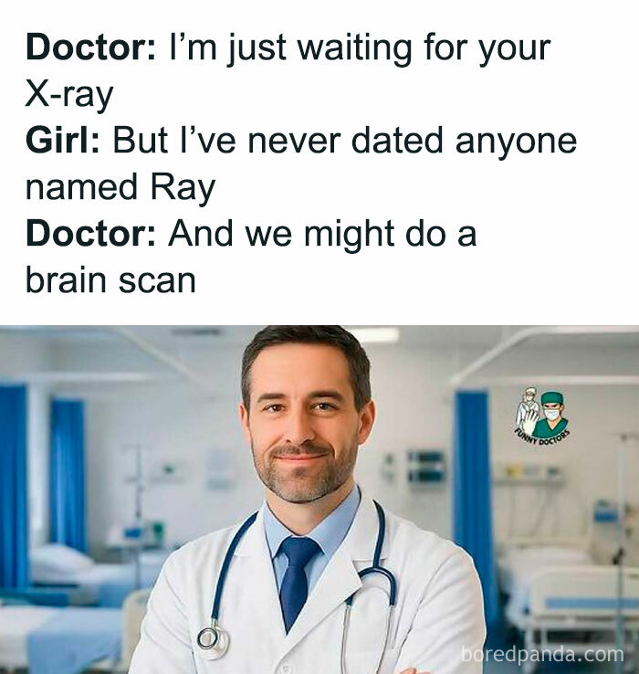 Doctor delivering a funny medical joke about X-rays and brain scans, capturing the humor of working in medicine.