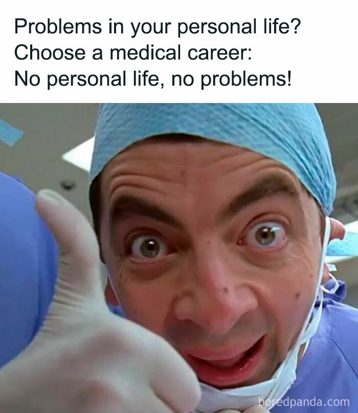 Doctor in surgical attire giving thumbs up with text about medical career struggles in medicine humor memes.