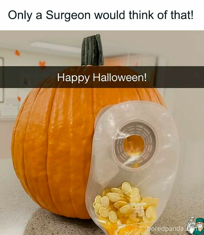 Pumpkin and ostomy bag filled with pumpkin seeds humorously capturing the struggle and humor of working in medicine.
