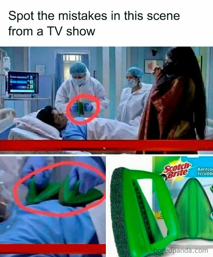 Medical workers in a hospital scene using cleaning sponges instead of medical equipment, highlighting humor in medicine struggle.