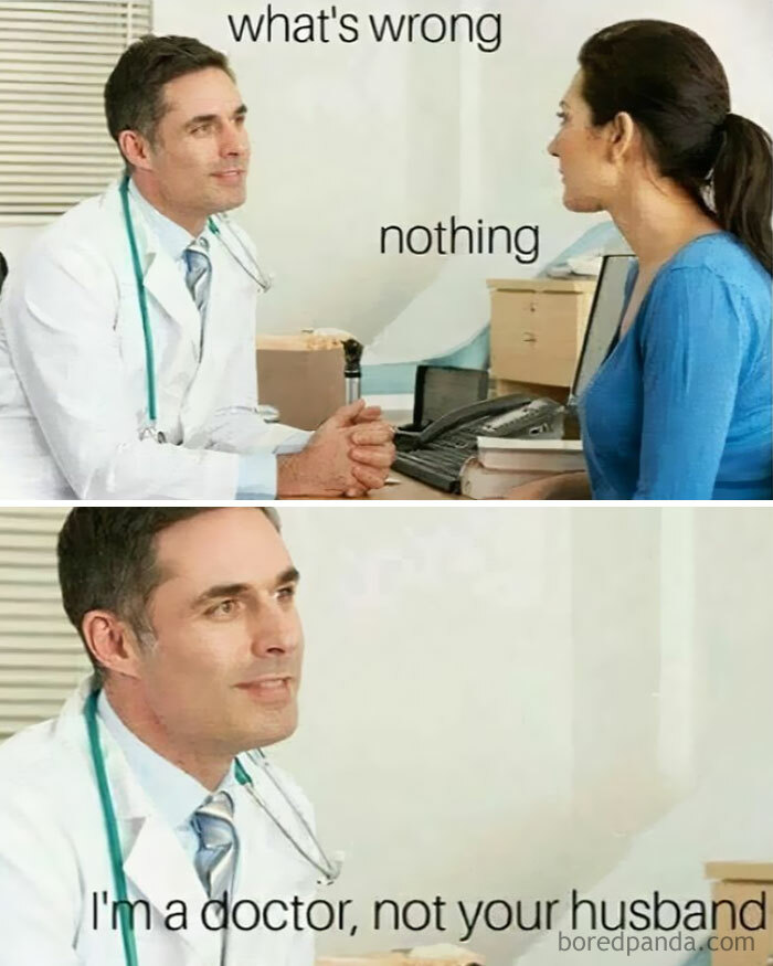 Doctor in a medical office humorously clarifies patient’s concern, capturing the struggle and humor of working in medicine.