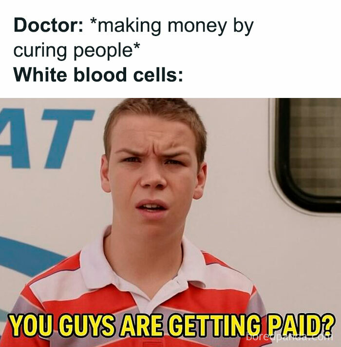 Young man in a red striped shirt expressing disbelief, illustrating the humor of working in medicine and white blood cells.