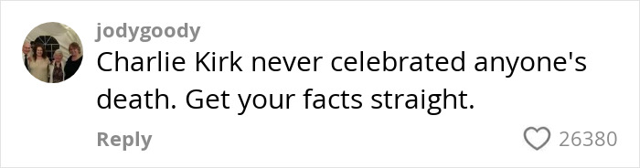 Social media comment disputing claims about Charlie Kirk, linked to woman who tanked boyfriend’s career over related backlash. Social media comment disputing claims about Charlie Kirk, linked to woman who tanked boyfriend’s career over related backlash.