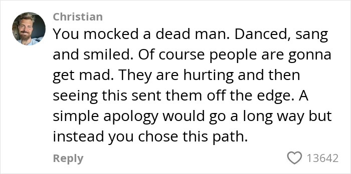 Comment from user Christian criticizing mocking a dead man, linked to woman who tanked boyfriend’s career over Charlie Kirk comments. Comment from user Christian criticizing mocking a dead man, linked to woman who tanked boyfriend’s career over Charlie Kirk comments.