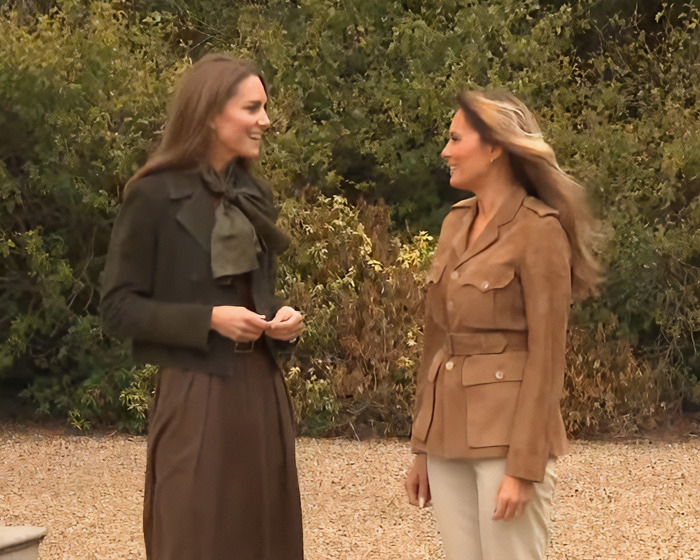 Melania Trump and a British royal family member standing outdoors, sparking body double conspiracy discussions.