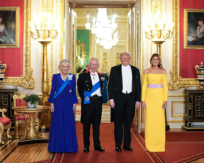 Melania Trump and Donald Trump pictured with British royal family members in a formal setting amid body double conspiracy discussion.