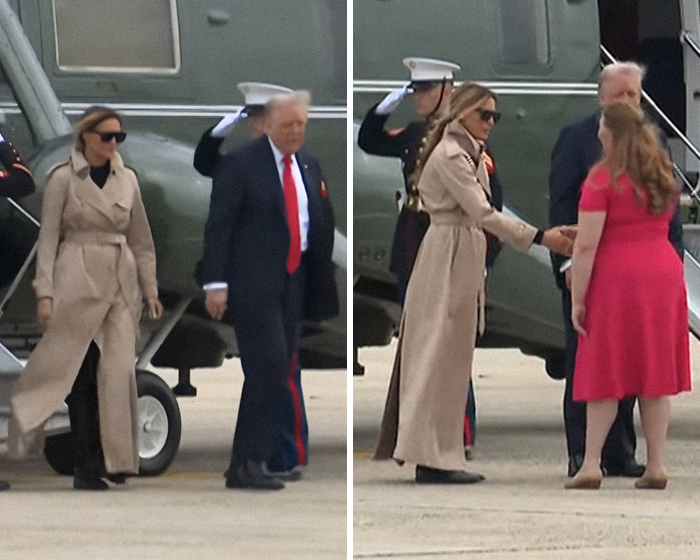 Melania Trump in a beige trench coat arriving and greeting officials, sparking body double conspiracy after royal family meeting