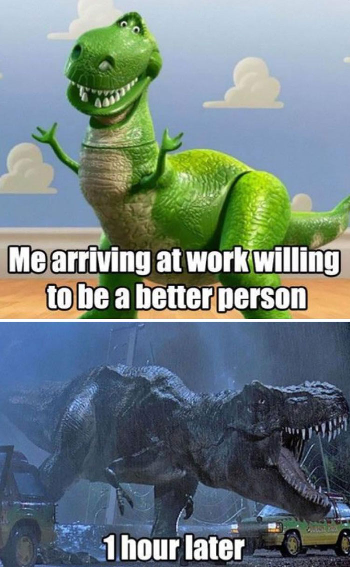 Two dinosaur images showing work memes about motivation fading within an hour, highlighting funny work memes theme.