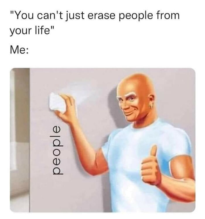 A cartoon man erasing the word people from a wall, illustrating funny mental health memes about removing negativity.