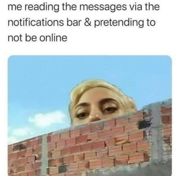 Person peeking over a brick wall with text about reading messages and pretending to not be online, funny mental health meme.
